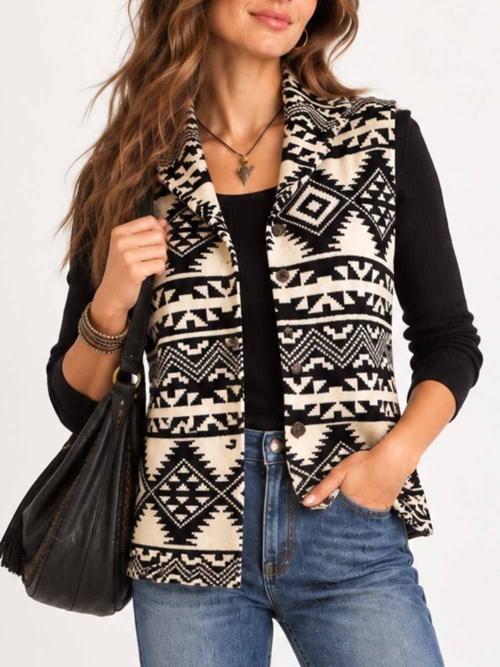 Chaps Southwestern Aztec Knit Vest Black Cream Cotton Western Boho Large